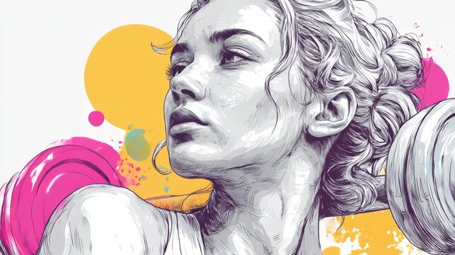  Strong woman lifting a barbell, determined and focused, an artistic sketch with colorful abstract shapes