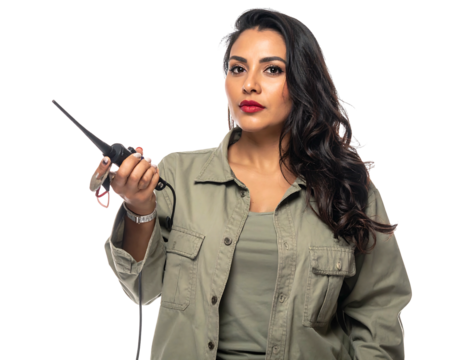Woman with long hair, olive shirt, holds a walkie-talkie in her right hand, set against a pure black background