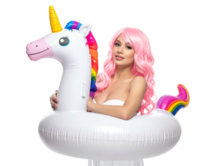 Woman with pink curly wig, white fabric wrap, holds inflatable unicorn float, bright studio lighting, black background