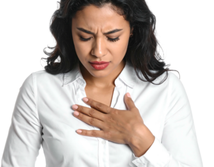 Woman in white blouse holds chest, looks down in discomfort, against transparent background