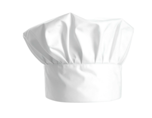 White, pleated chef's hat isolated on black, casting a subtle shadow. Simple, professional, and ready for culinary creation