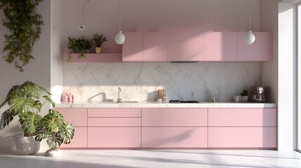 Contemporary kitchen interior showcases pastel pink cabinetry and natural stone backsplash illuminated by bright sunlight