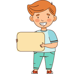 Smiling Young Boy With Red Hair Wearing A Blue Shirt And Teal Pants Holds A Yellow Sign For Text And Apes On A Transparent Background