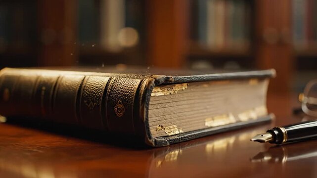 Antique Book and Pen on Wooden Table - A black, worn antique book sits on a shiny wooden table, accompanied by a black pen and glasses in the background.