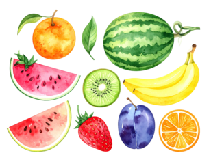 Watercolor of various fruits like watermelon, orange, kiwi, strawberry, banana, and plum isolated on a black backdrop
