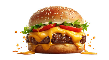 big fresh burger with cheese and bacon isolated on white background PNG image