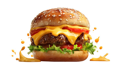 big fresh burger with cheese and bacon isolated on white background PNG image