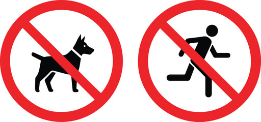 set of red prohibition signs indicating no dogs allowed and no running, presented as a clear vector icon illustration