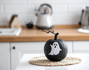 Black pumpkin with ghost design on a white table in a kitchen