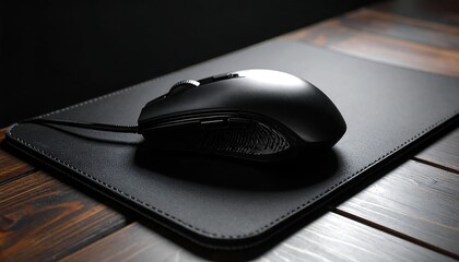 Black computer mouse on a textured black mousepad