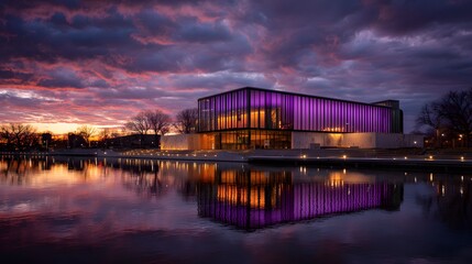 Modern architectural structure glows with vibrant purple illumination beside still water at twilight