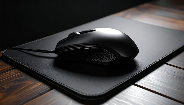 Black computer mouse on a textured black mousepad
