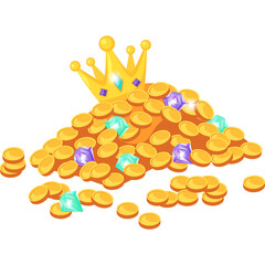 Pile Of Gold Coins With A Crown And Jewels Featuring A Transparent Background In A Cartoon Style