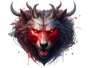 Wolf-like creature head with horns, glaring red eyes, and splashes of red paint on its white and grey fur