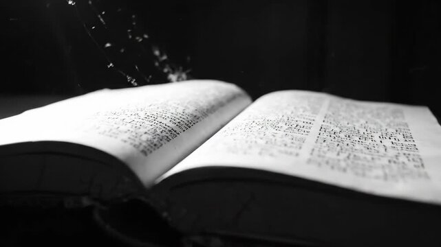 Open Book in Black and White - A classic black and white video shows an open book resting on a table, ready for reading and study. The aged pages display text, inviting the viewer into its contents.