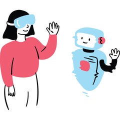 Person Wearing Virtual Reality Headset Interacts With A Friendly Robot In A Digital World With A Pink Top And Blue Headset