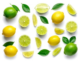 Bright citrus fruits, halves, wedges, and green leaves on white background