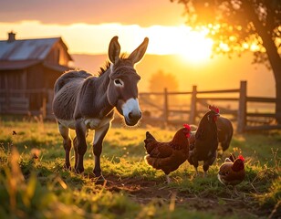Donkey and chickens bask in golden sunrise light on a farm