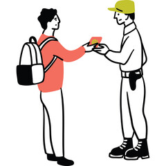 Person With Backpack Handing Small Object To Person In Uniform And Hat On Transparent Background