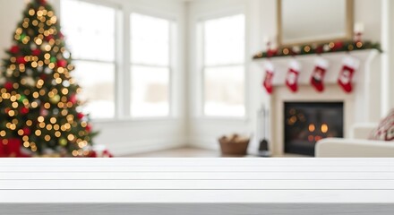 Empty white table with blurred christmas tree and fireplace in the background