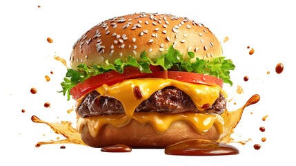 big fresh burger with cheese and bacon isolated on white background PNG image