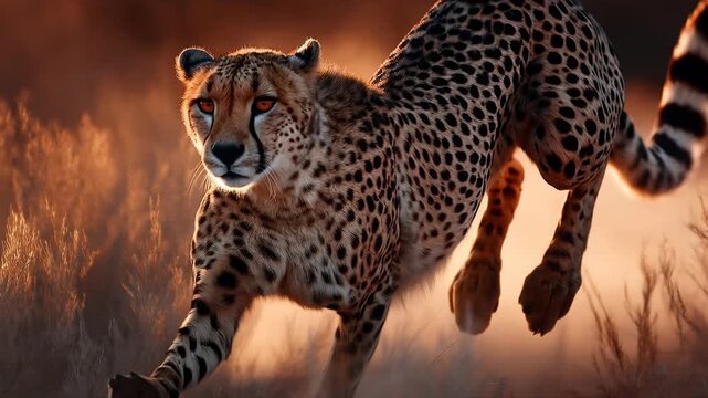 Majestic Cheetah Portrait in Warm Golden Light, Stalking Through Dry Grasslands at Sunset or Sunrise