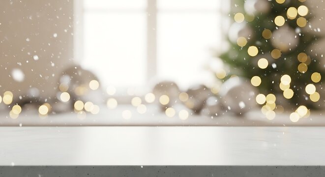 Festive christmas background with blurred christmas tree and snow falling