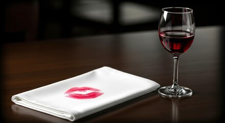 Following a romantic dinner, red lipstick remains imprinted on the white linen next to half-empty glass of wine.Valentine's Day mood,copy space.