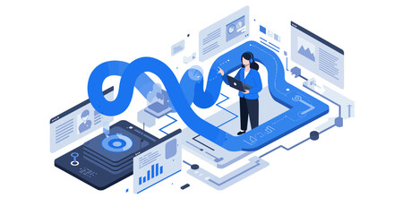 Customer Service Representative Using Laptop with Headset.