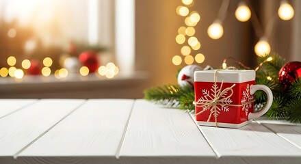 Red mug with snowflake on white wooden table with christmas lights bokeh