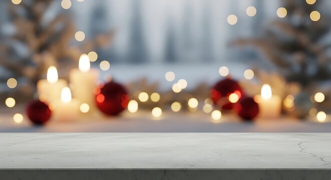 Blurred christmas decoration with candles and ornaments on a table top