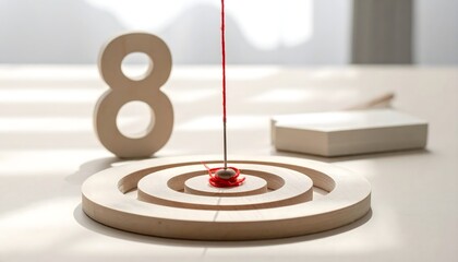 Needle and vivid red thread hitting the exact center of a wooden bullseye; soft daylight and studio props suggest accuracy and craft.