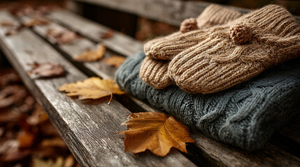 Autumn Scene with Knit Sweater and Mittens on Bench
Rustic Fall Setting with Cozy Knitwear and Leaves