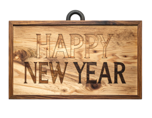 Wooden sign with carved "Happy New Year" text, hangs by a metal loop on black background