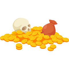 Pile Of Golden Treasure Coins With A Skull And A Red Bag On A White Background