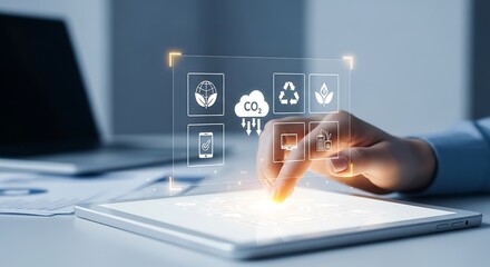 A persons finger touches a tablet screen displaying icons related to environmental protection and sustainable energy sources