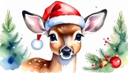 サンタ帽を被ったトナカイと森の水彩風イラスト