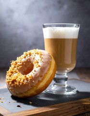 Donut with frosting next to a glass of latte