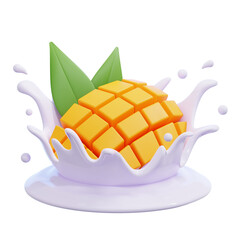 PNG 3D Mango Cubes Splashing into Fresh Milk Illustration Isolated on a White Background