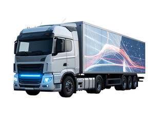 Fototapeta premium White semi-truck with a wavy, abstract design on the trailer against a dark background