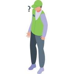 Confused Person Wearing Green Vest and Cap With Question Mark Icon Representing Humanitarian Aid Worker Or Volunteer In Isometric Perspective With Transparent Background