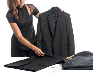 Woman handles a dark suit; laying pants and holding jacket, preparing for travel or inspection, on a light surface