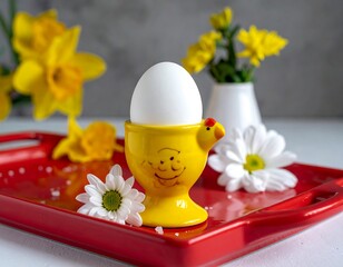 Easter-themed setup egg in a yellow holder with flowers on a red tray