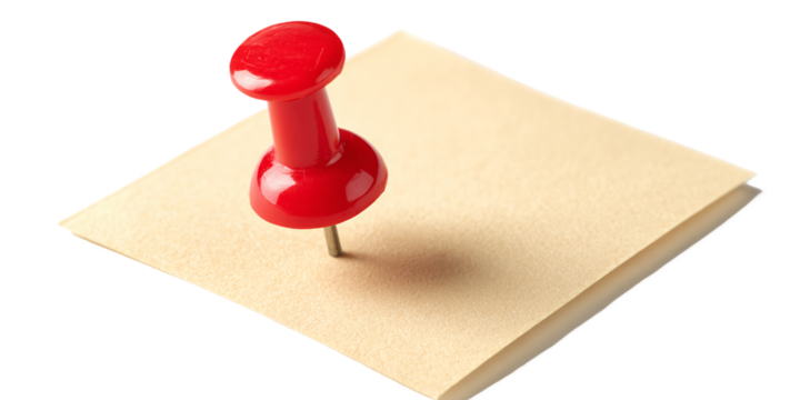 Red Pushpin Attaches Tan Square Sticky Note on Transparent Background in Studio Lighting for Office, PNG