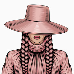 monochrome pink braided portrait with wide‑brim hat and pleated high‑neck top; merchandise for prints, postcards, stickers, and apparel panels