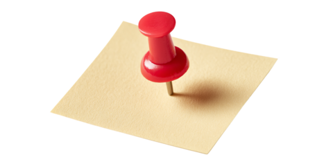 Red Pushpin Holding Light Yellow Sticky Note Isolated on Transparent Background, PNG