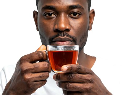 Young black man holds a clear glass mug filled with dark liquid, staring directly at the viewer, on dark background - Powered by Adobe