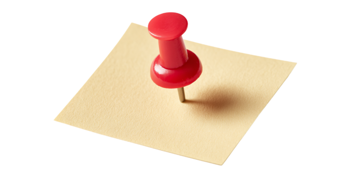 Red Pushpin Holding Light Yellow Sticky Note Isolated on Transparent Background, PNG