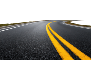 Asphalt road with double yellow lines curving into black background image, Png, Isolated on Transparent Background, Cut Out