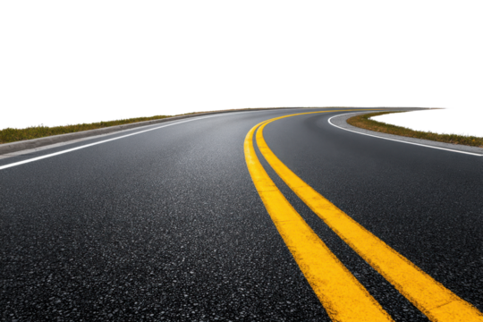 Asphalt road with double yellow lines curving into black background image, Png, Isolated on Transparent Background, Cut Out - Powered by Adobe